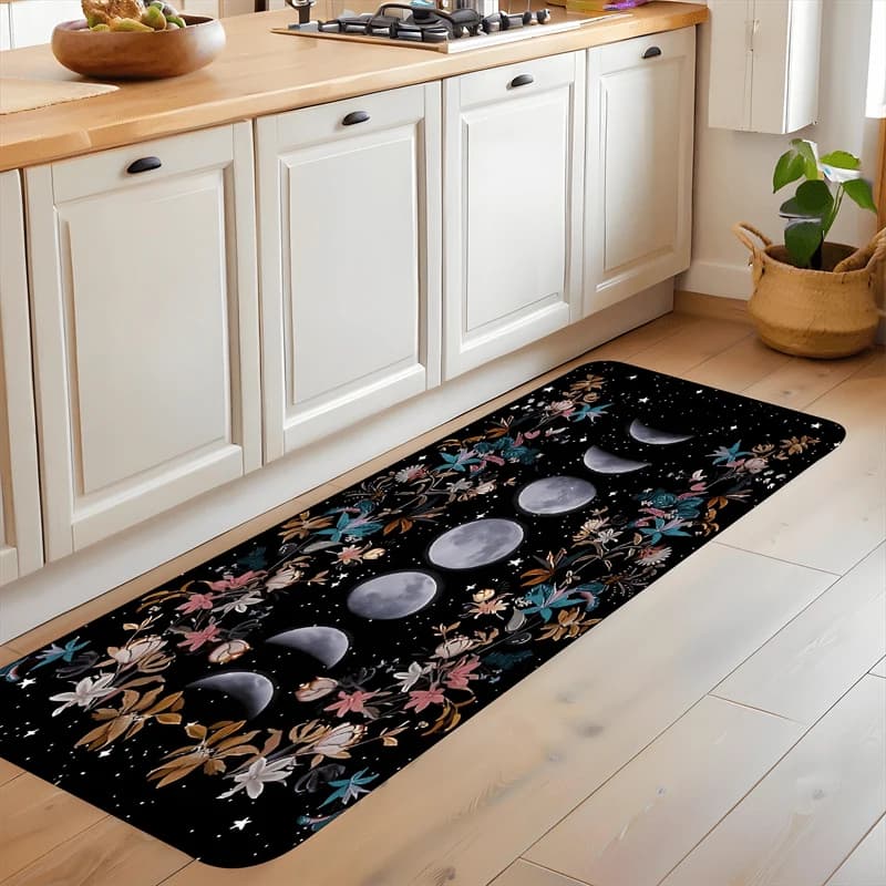 VIKAMA 1/2 Pezzi Tappeto da Cucina Bohemien Floreale con Fasi Lunari, Antiscivolo, Lavabile, a Striscia Lunga, per Ingresso, Corridoio, Arredamento Casa