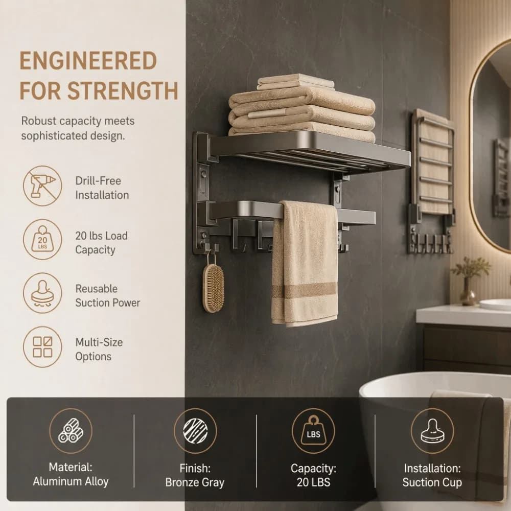 40/50/60cm Bathroom Towel Rack Foldable Suction Cup Bathroom Storage Rack with Hook Heavy Duty Wall Mount Towel Holder Toilet