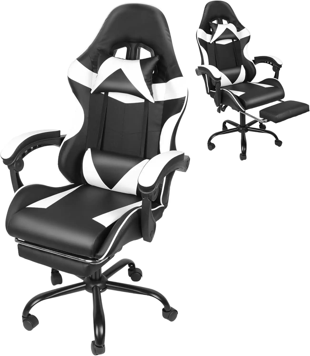Sedia da gaming ergonomica con poggiapiedi, supporto lombare, altezza regolabile, rotazione a 360° ° Sedile Girevole e Poggiatesta in Bianco e Nero