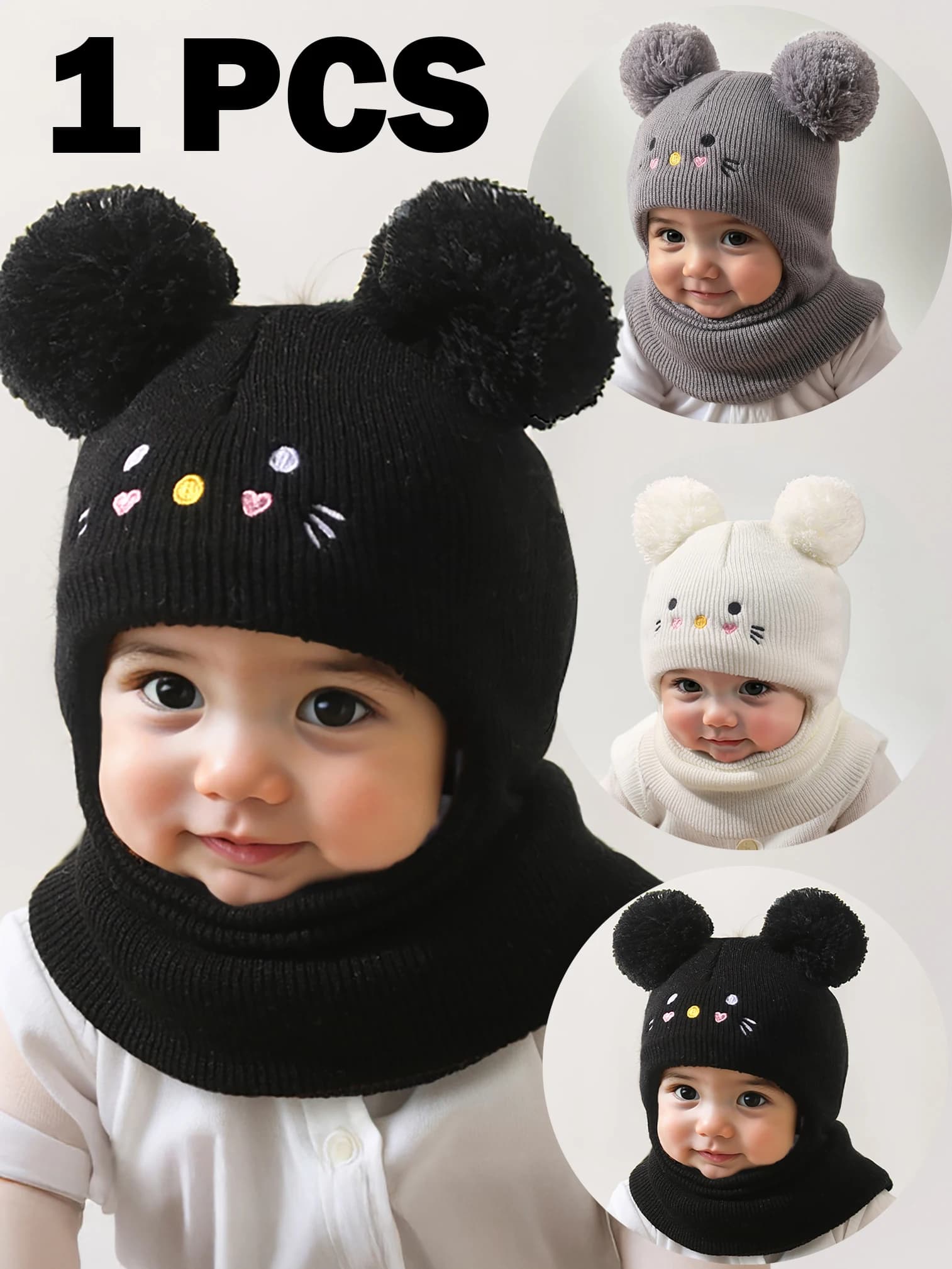 1pcs Unisex Black Beanie Hat For Toddler, double Pom-Pom Beanie Kids & Baby, Y2k Style, Newborn Knitted Hat For Outdoor, Warm Wi