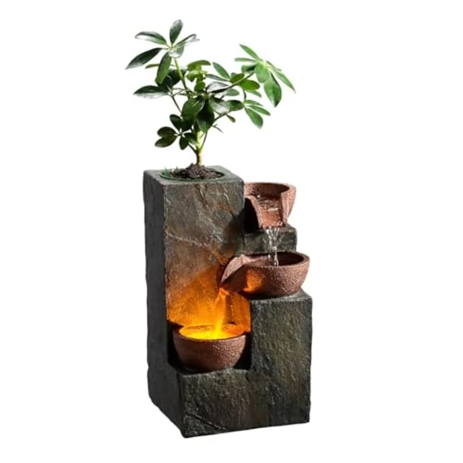 Fontana da Tavolo per Interni a 3 Livelli con Cascata di Rocce, Luce LED Calda e Vaso per Piante Fai-da-Te, Piccola Fontana Rilassante