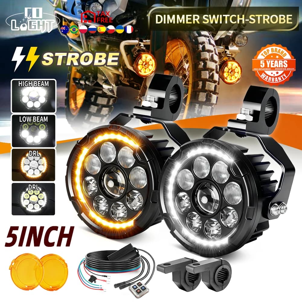 Faro CO LIGHT da 5 pollici per moto, bianco e giallo, con DRL, interruttore dimmer, luce di lavoro a LED stroboscopica, fendinebbia per moto, per uso fuoristrada