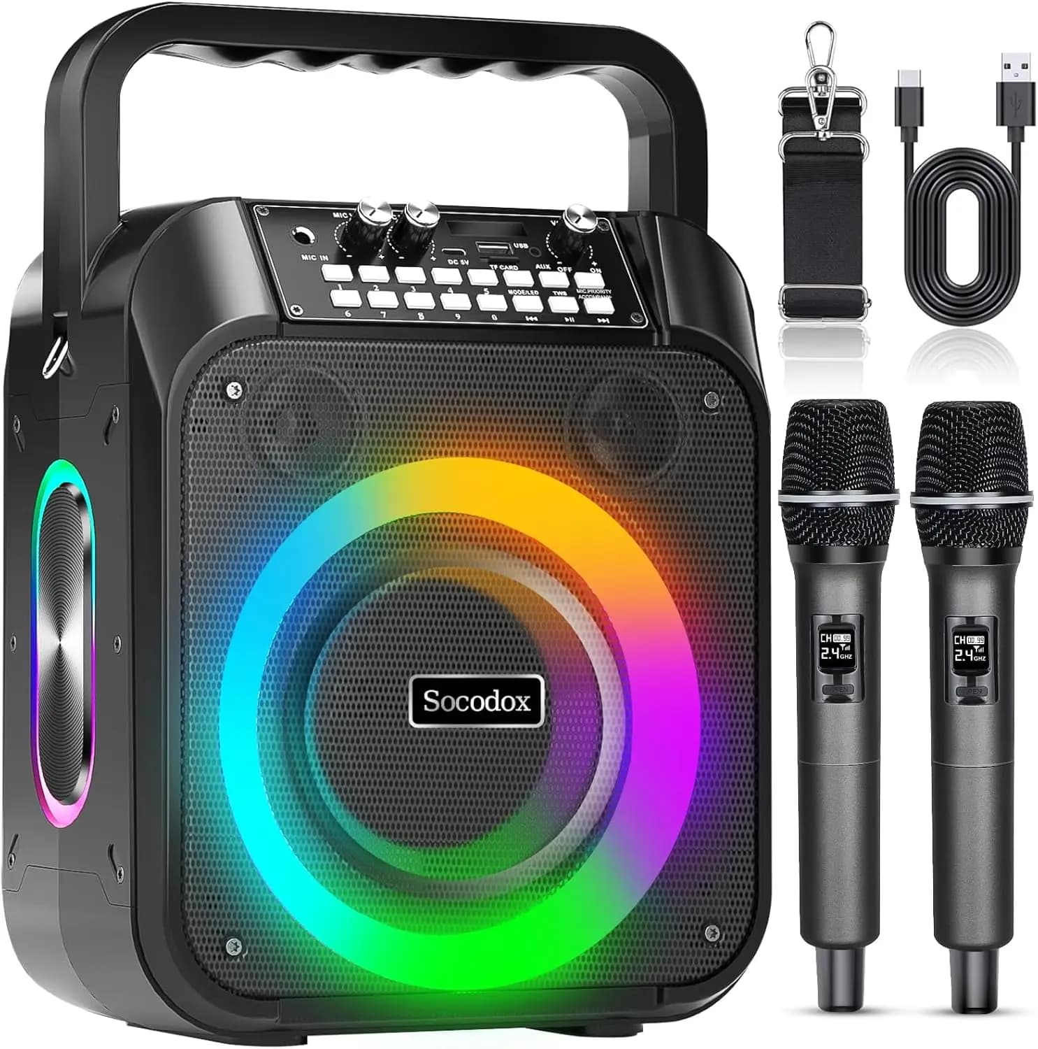 Macchina per Karaoke, altoparlante Bluetooth portatile da 20W con 2 microfoni Wireless, batteria da 7000mAh, suono Stereo TWS, luci RGB, supporto U