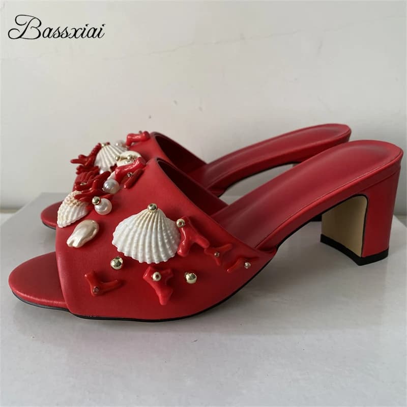 Genuine Leather Slingbacks Summer Mules Individual Sea-Shell Coral Beads Embellishment Sandals Women Summer