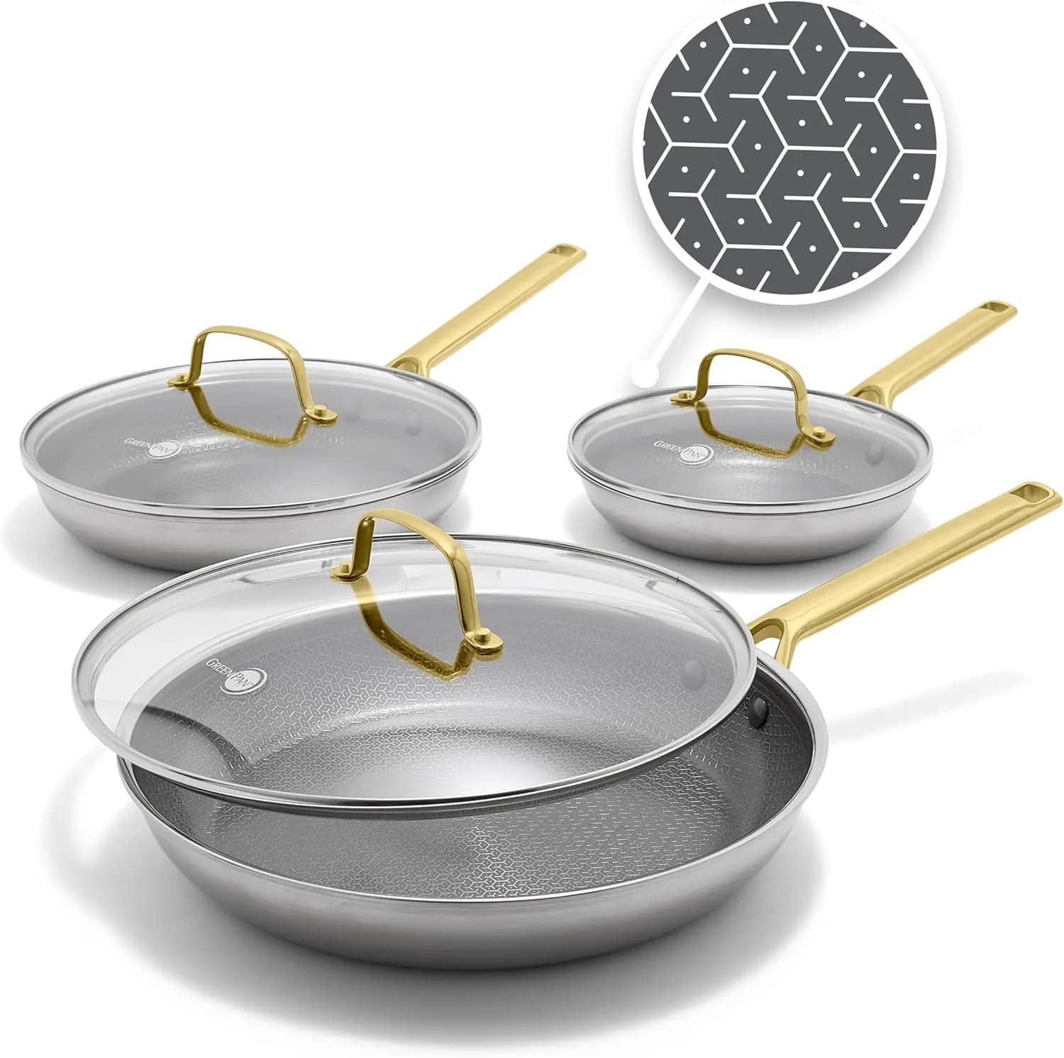 Hybrid 6-Piece Frying Pan Set (8, 10, 12-inch Skillets with Glass Lids), Ceramic Nonstick with Tri-Ply Stainless Steel, Inductio