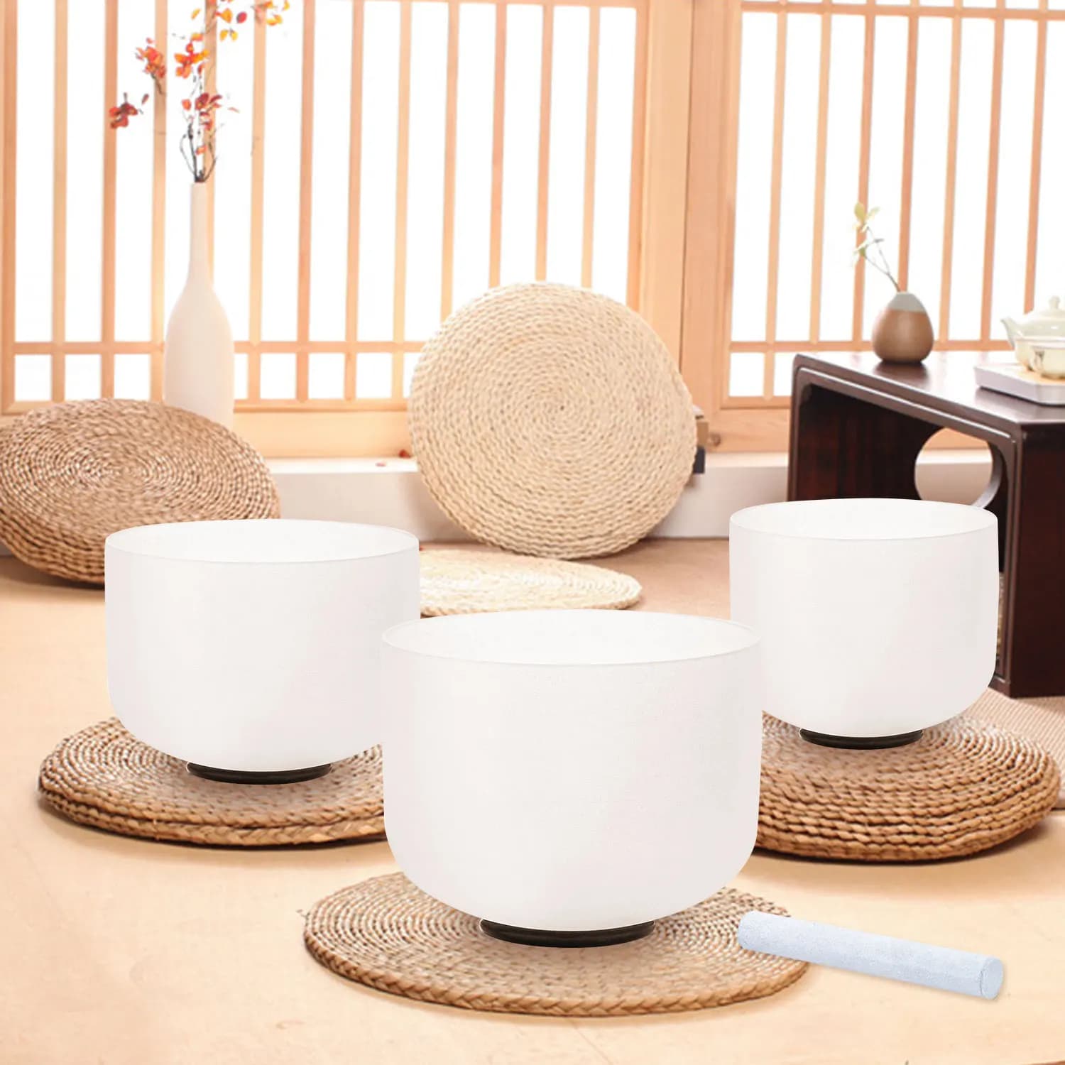 KVKA 12"C 10"E 8"B White Set Of 3 Pcs Quartz Crystal Singing Bowl Set With Free case 8-12 inch