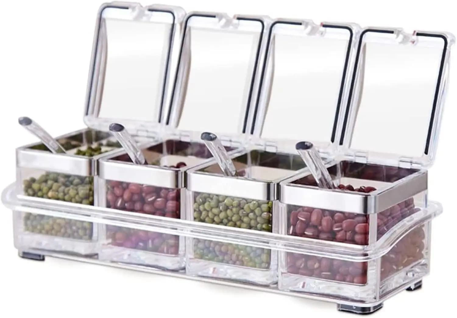 Set di Contenitori per Condimenti in Acrilico con Anelli in Acciaio Inox e 4 Cucchiai, Set per Sale, Pepe, Spezie e Zucchero