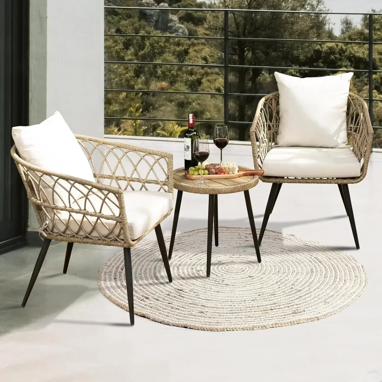 [XMSJ] Set of 2 tables and durable bistro chairs with load capacity of 500 pounds with soft cushions in olefin fabric