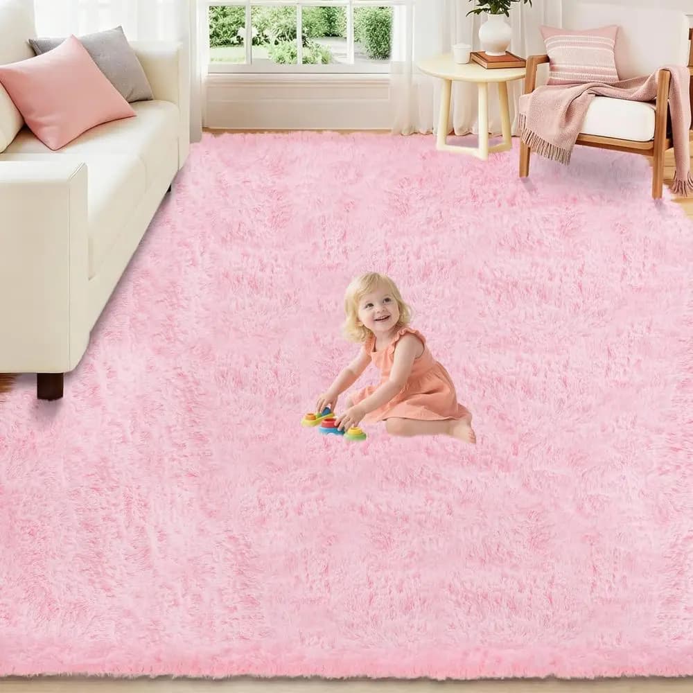 Fluffy Pink Shag Area Rug, Washable, Plush Indoor Carpet for Living Room, Bedroom, Nursery, Playroom, Kids' Room (5x8)
