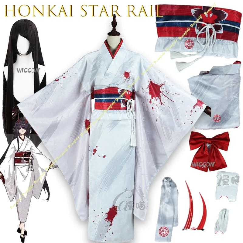 ‌ Costume Cosplay di Acheron dal Gioco Honkai Star Rail, Kimono Macchiato di Sangue, Abbigliamento per Feste di Halloween e Giochi di Ruolo ‌ ‌
