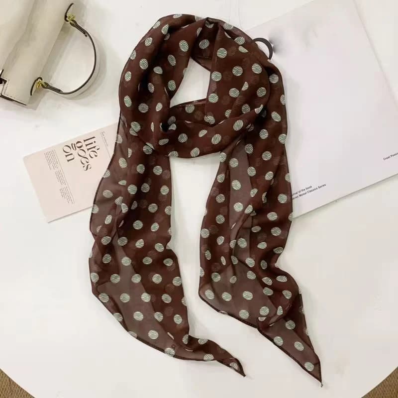 Sciarpa in chiffon marrone a pois in seta stile coreano da donna, accessorio multifunzionale per collo, fascia per capelli, asciugamano per capelli, stile Ins