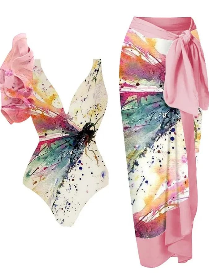 Costume da bagno monospalla con volant e stampa libellula, colorato, grazioso, sexy e valorizzante per l'estate da donna