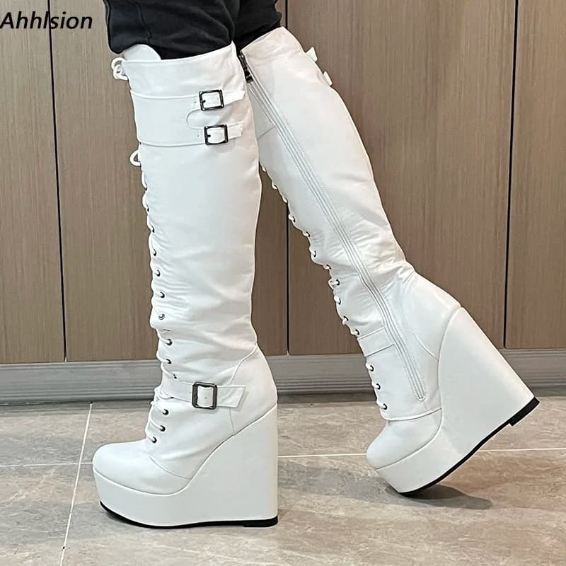 Ahhlsion New Women Winter Knee Boots Buckle Strap Wedges Heels Round Toe Beautiful White Club Shoes Ladies US Plus Size 5-20