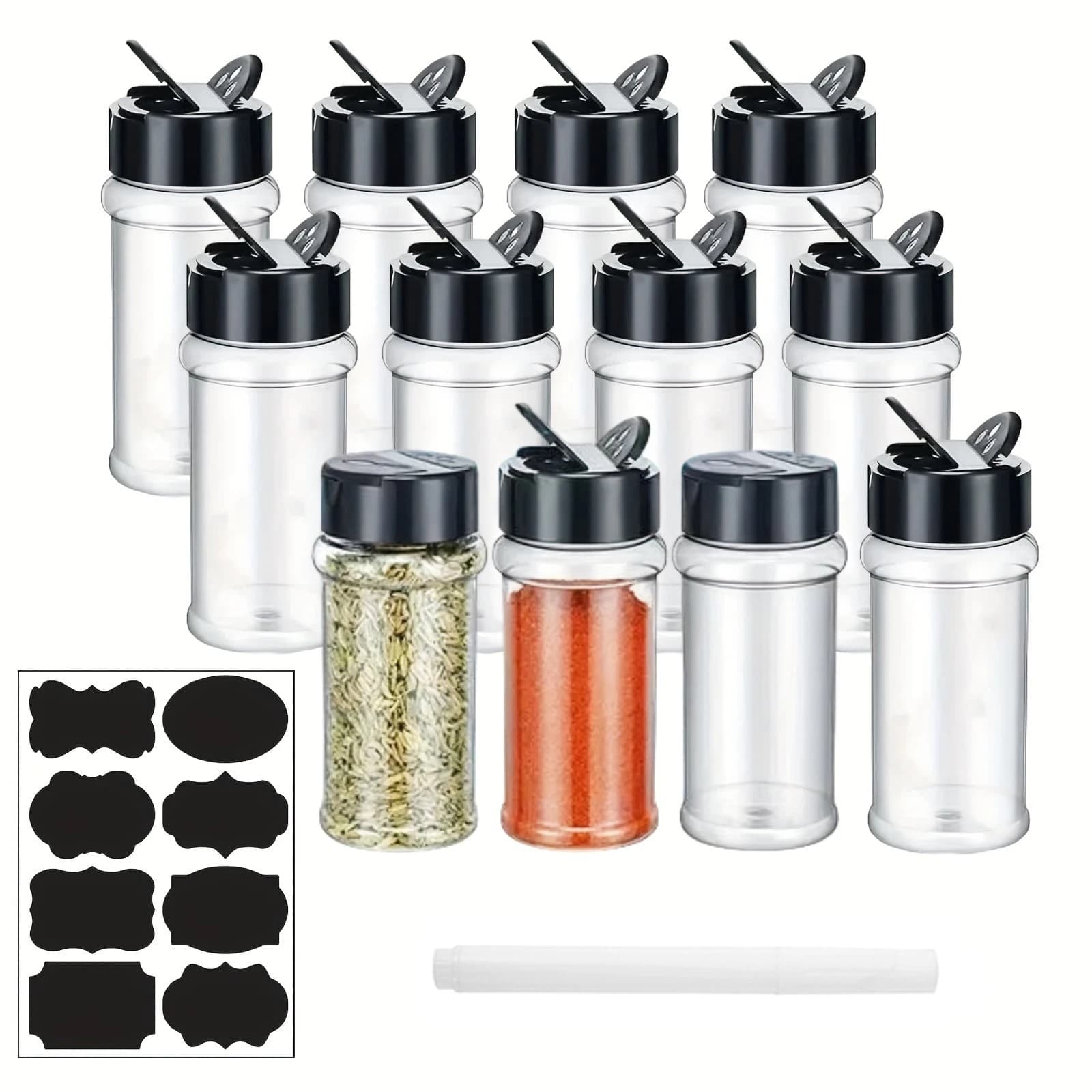 Barattolo di spezie in plastica da 100 ml con coperchio shaker Etichetta e penne Contenitore per condimenti Contenitore per spezie da 3,5 once con coperchio nero Barattolo di condimento per
