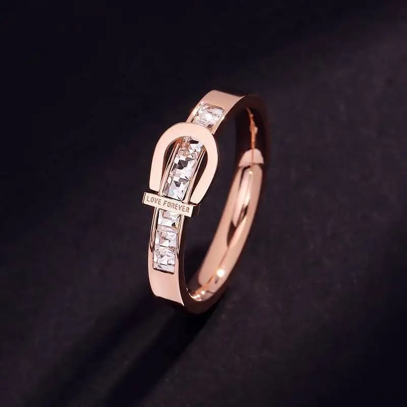 Stainless Steel New Fashion Upscale Jewelry Rose Gold Color Zircon Belt Buckle Shape Wedding Bride Rings For Women Ladies