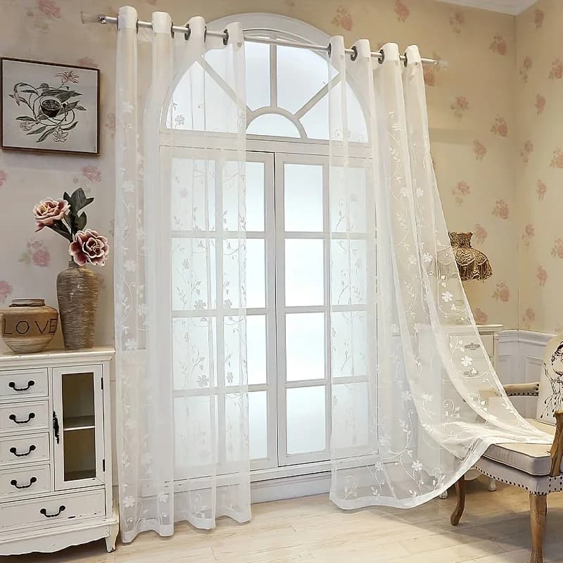 Tende trasparenti bianche per finestra del soggiorno Tenda in tulle per camera da letto Tenda in voile floreale con ricamo per occhiello da balcone T