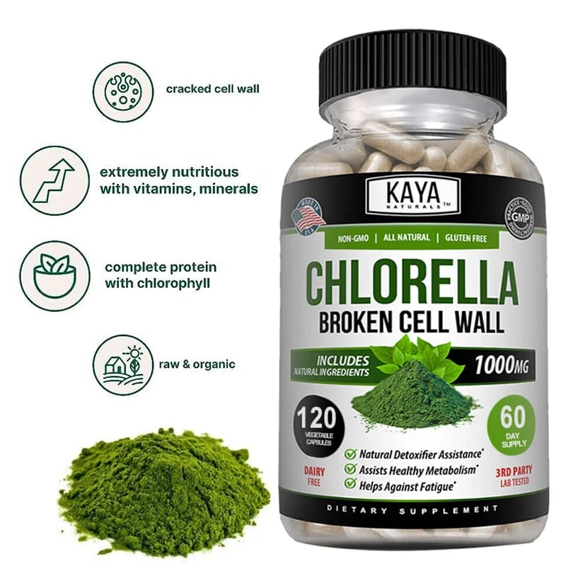 Raw organic chlorella capsules, screpolated cells, rich in vegetarian proteins, vitamins and minerals, premium chlorella supplement