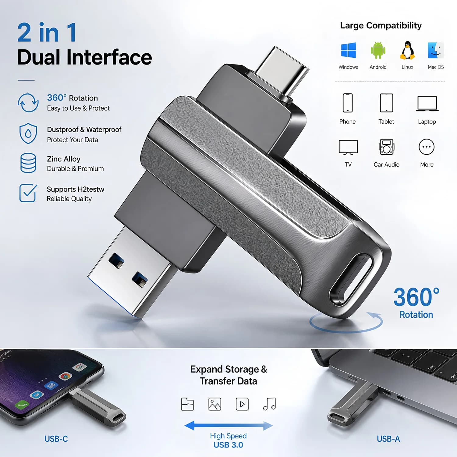 2 IN 1 Type-C USB 2.0 Flash Drive Metal Pendrive High Speed OTG USB Memory Stick 8/16/3/64/128GB Portable Gift Storage Pen Drive
