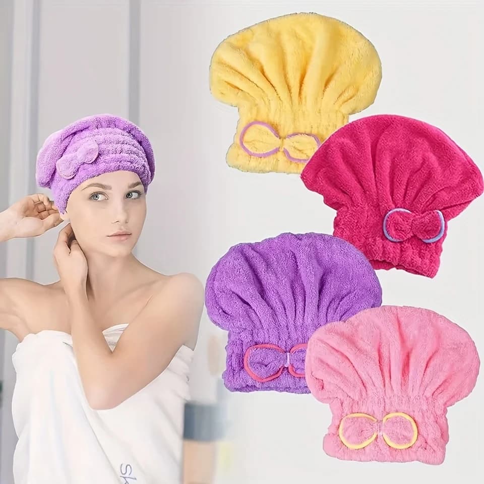 Hair Dryer Cap with Bowknot Coral Fleece Super Absorbent Quick-Dry Towel Shower Cap