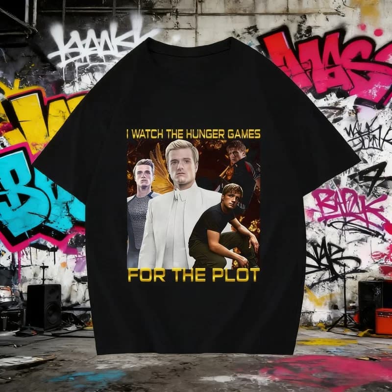 2026 summer printed cotton t-shirt for men and women, strong sizes, wide fit, hip hop rap style, comfortable, with 'I Watch The Hunger Games for The Plot' print