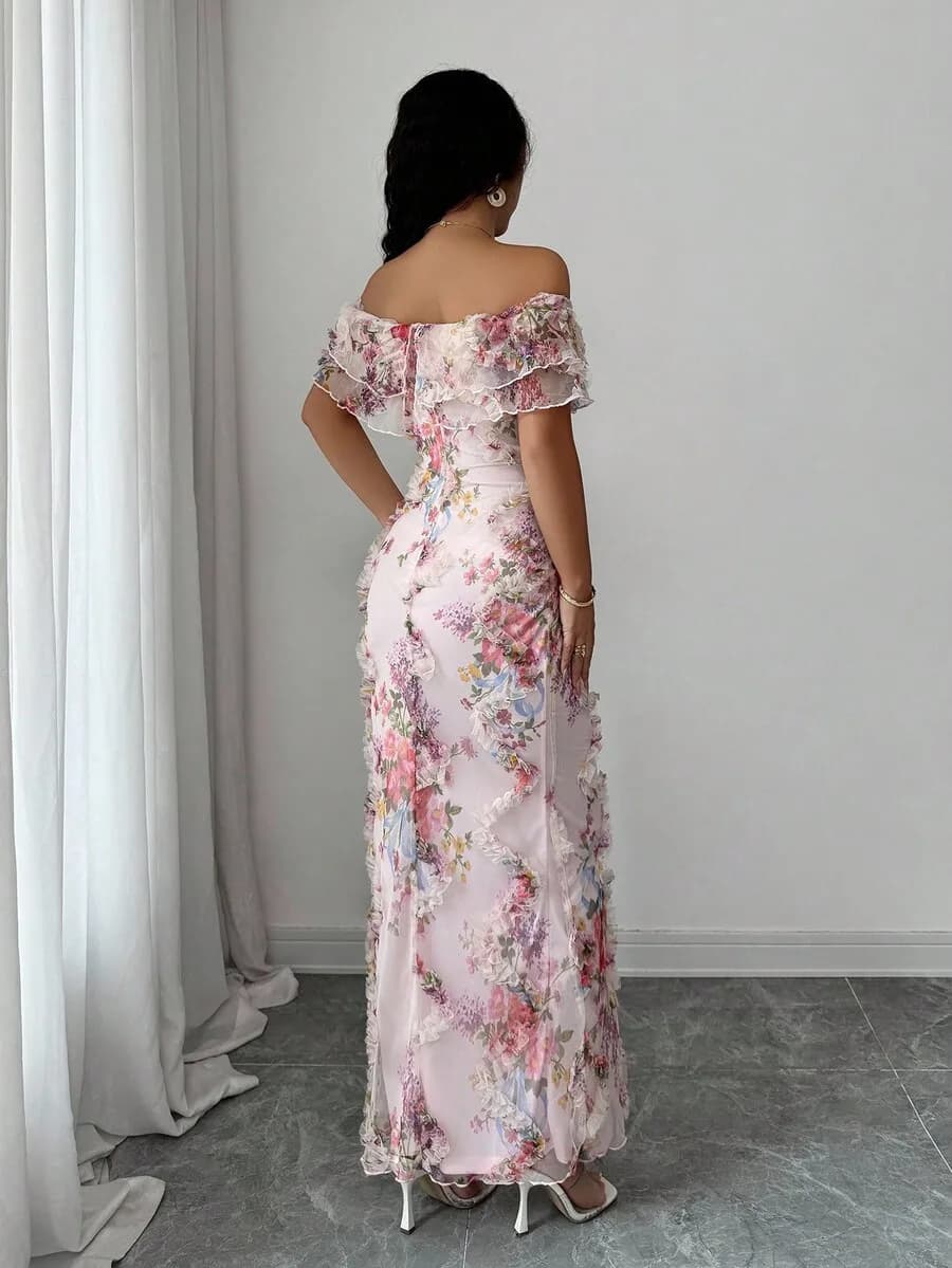 Elegante Abito Aderente con Spalle Scoperte e Volant, Decorato con Fiori 3D in Rete