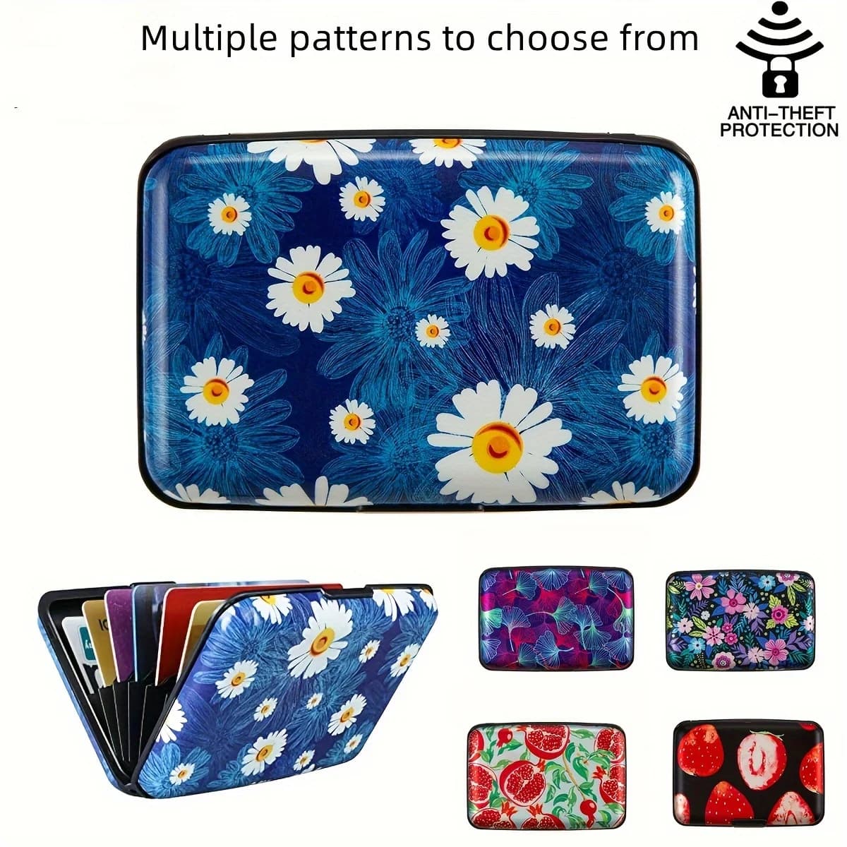 Portafoglio per carte in metallo con piccole margherite, mini porta carte rigido da lavoro in alluminio sottile con blocco RFID per donna uomo