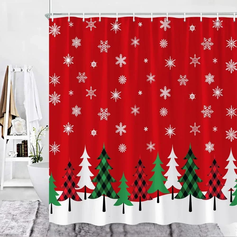 Set di tende da doccia natalizie Tende da bagno rosse a quadri di bufalo Albero di Natale Fiocco di neve Neve Decorazioni di Capodanno Ganci di stoffa in tessuto