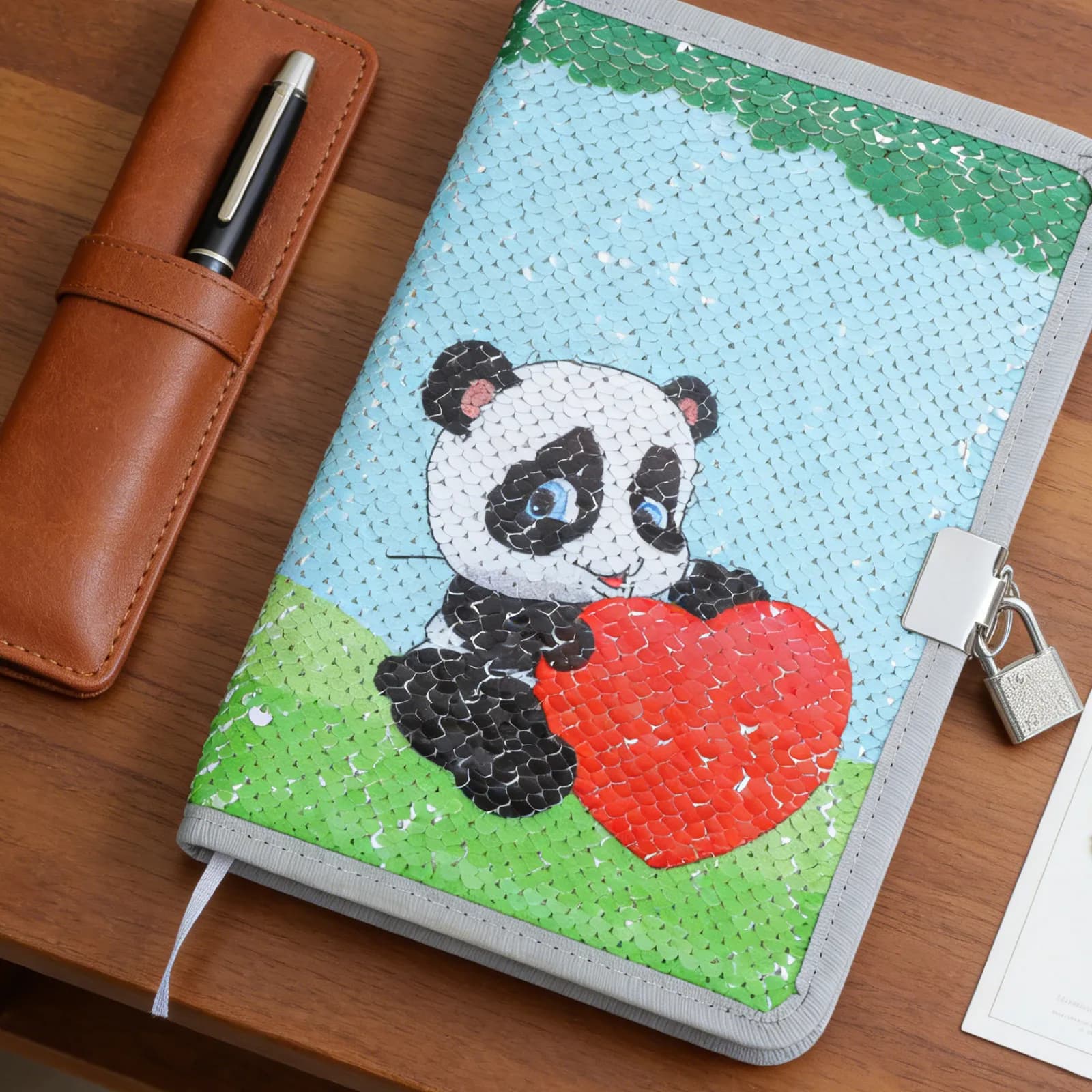 A5 Reversible Sequin Panda Notebook Lined Diary Journal with Lock and Key for School Travel Writing Sketchbook Cute