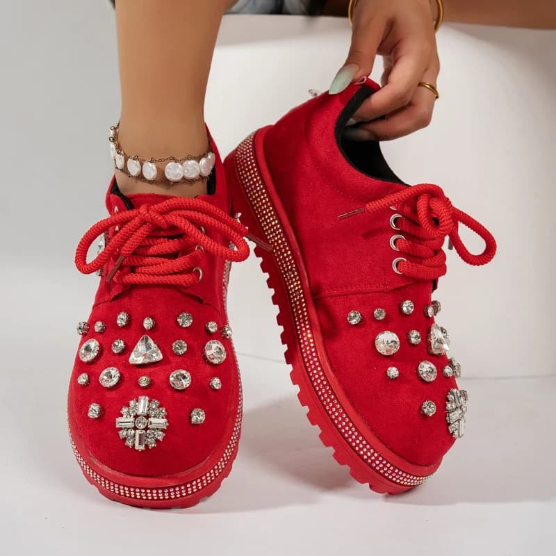 High-quality Appearance Thick-soled Round-top Lace-up Crystal Women's Casual Comfortable Slip-resistant Breathable Single Shoes