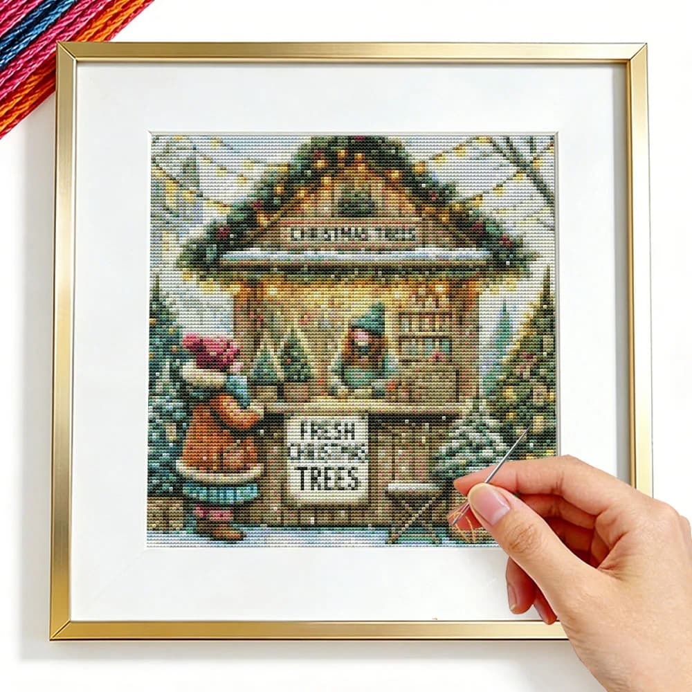 Shop Girl Portrait Cross Stitch House Christmas Winter Snow Printed Kit Adult Crafts Needlework Threads 11CT Wall Artwork