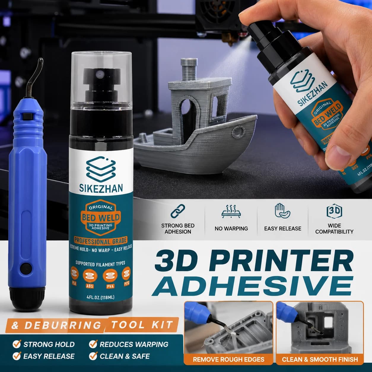 3DPrinter Adhesion Aid+Deburring Finishing Tool，Strong Bed Hold，No Warp，Easy Lift‑Off，Clean Up Prints，For PLA/ABS/PETG/PEI/Glass