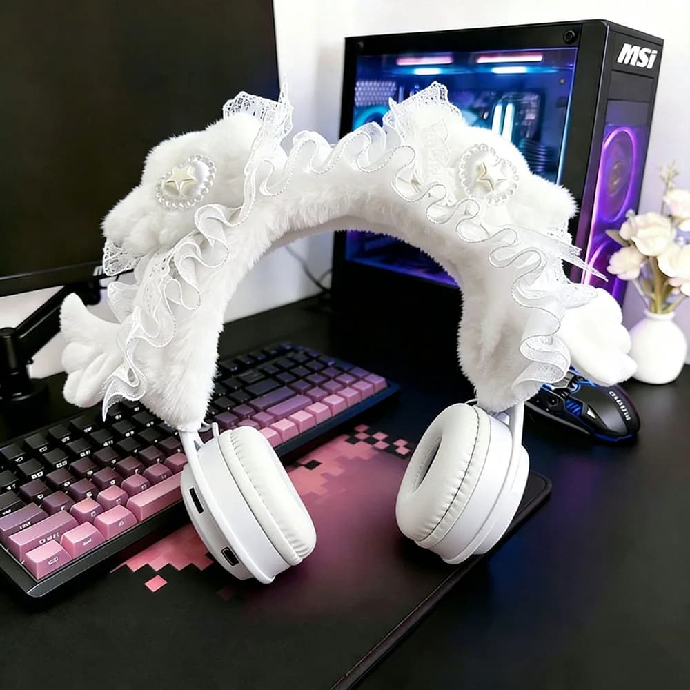 Detachable Plush Cat Ear Headphone Decor Bunny Ear Wing Lace Cover for Wireless Headset Girls Cosplay Gaming Headset Gift