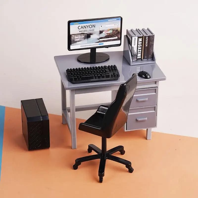 1 Set Casa delle bambole in miniatura Giocattolo Modello Accessori Mobili Decorazione Decorazione 1/12 Tastiera del computer Sedia da scrivania Kit Micro Puntelli