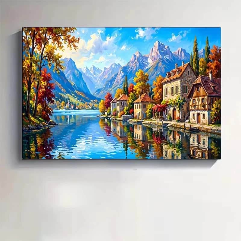 Alpine Lake Town Landscape Diamond Painting By Number DIY Wall Decor for Game Room or Living Room Gift Frameless