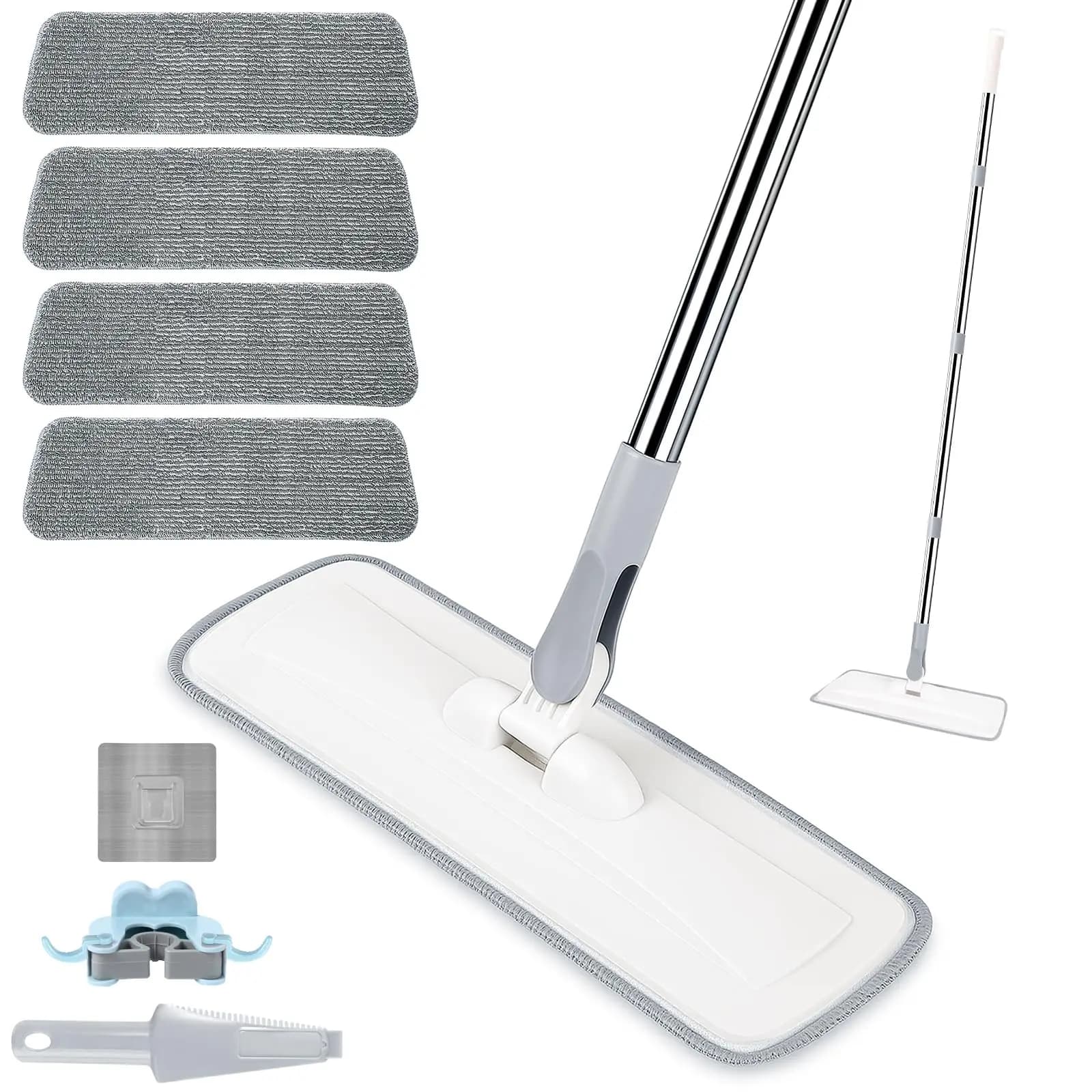 Mop da Pavimento Estensibile da 55 Pollici con 4 Panni Lavabili e Raschietto, Mop per Pulizia a Secco e Umido per Piastrelle in Ceramica e Casa