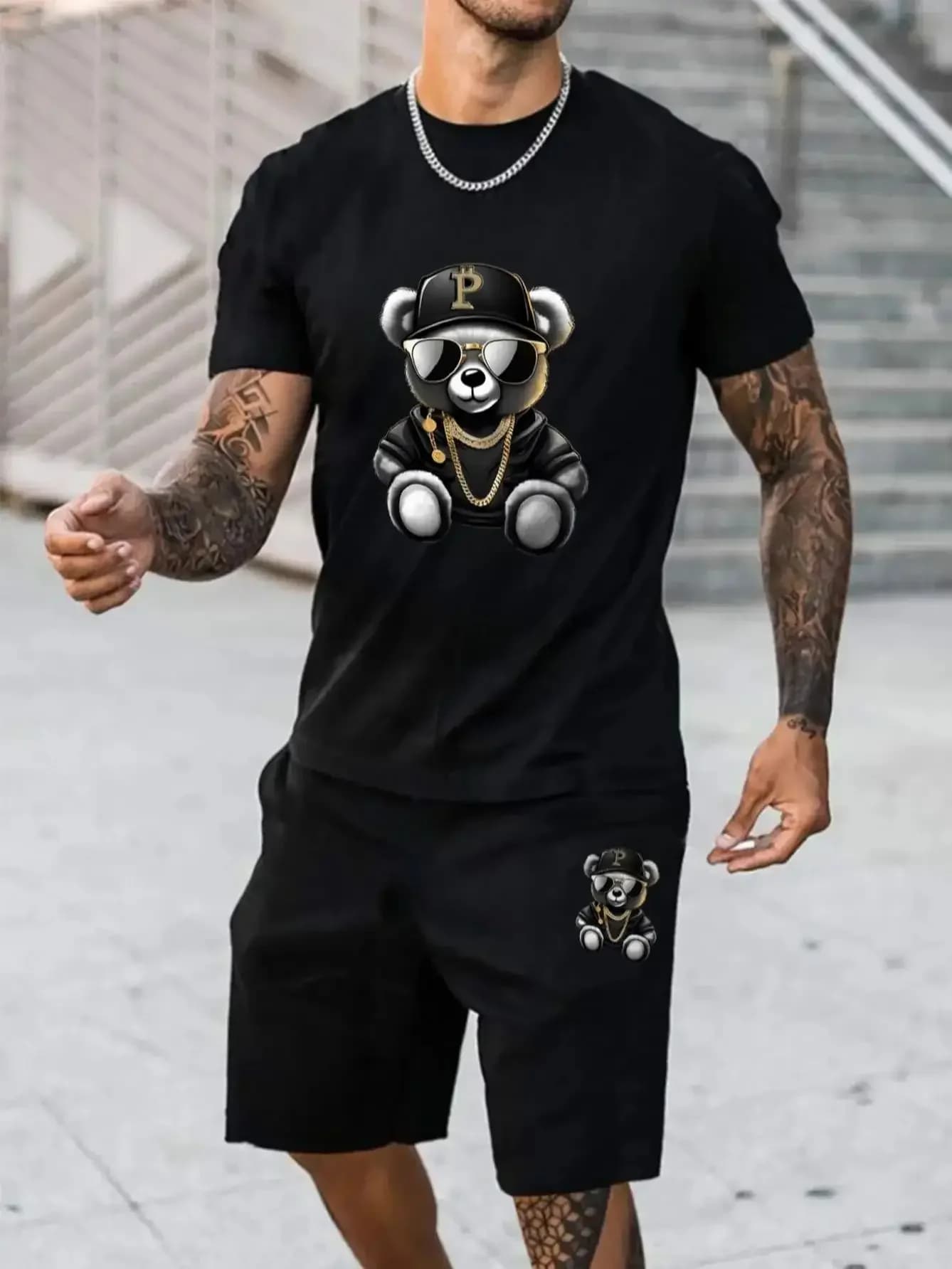 Men's printed short sleeved T-shirt+shorts set casual sportswear breathable outdoor casual men's T-shirt