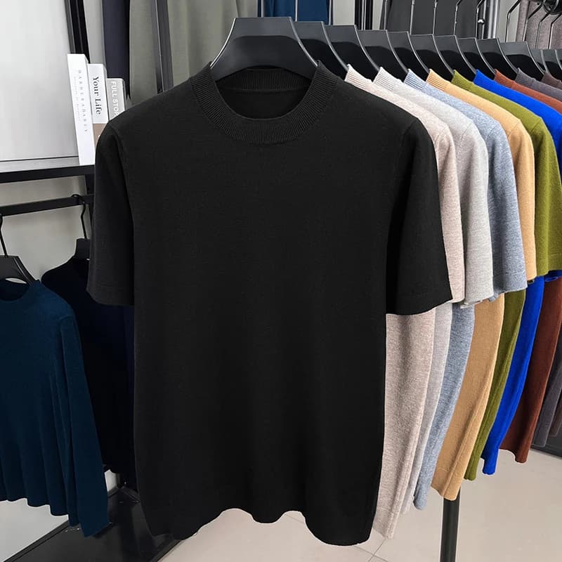 2025 Primavera e autunno sottile moda uomo manica corta maglione di lana maglione tinta unita mezza manica maglione lavorato a maglia