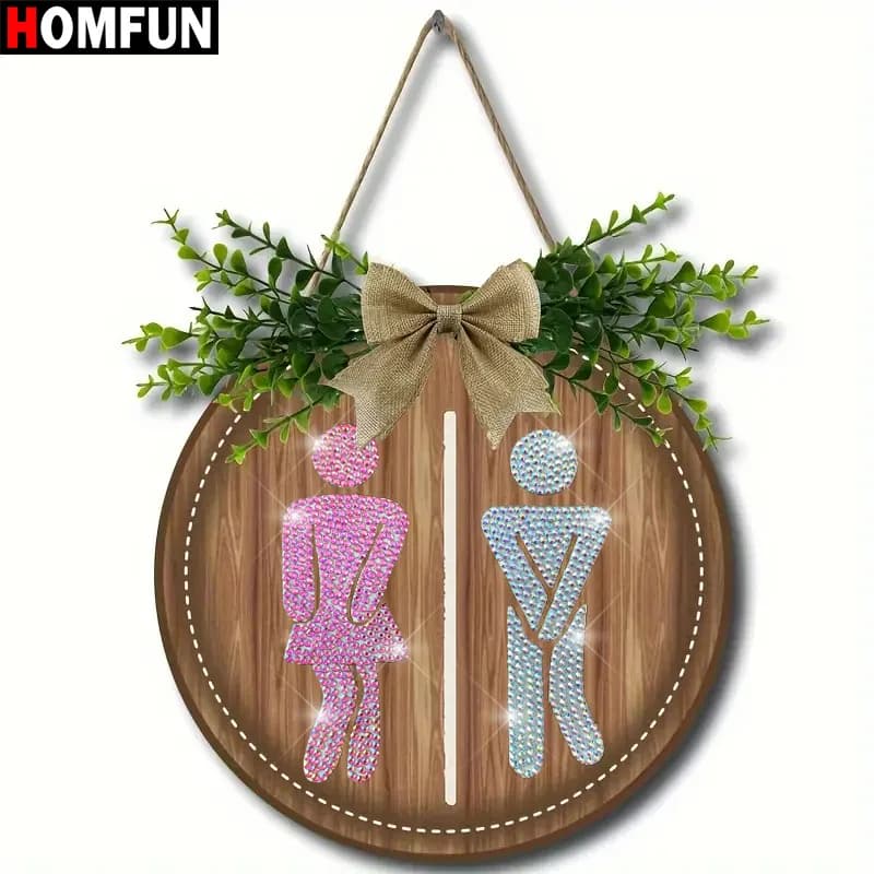 HOMFUN painting diamond art DIY embroidery edge round toilet wooden sign sign with rope bathroom decorations for home wall decoration