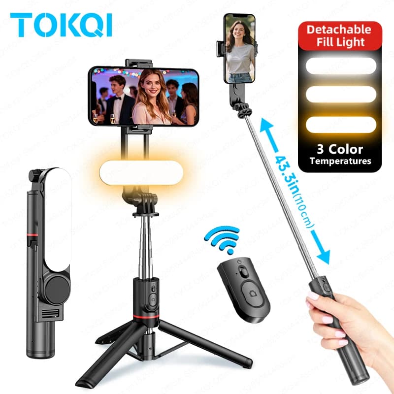 TOKQI L15 Asta Selfie Treppiede Pieghevole per Smartphone Android iPhone, Supporto Telefono con Luce di Riempimento e Telecomando Bluetooth