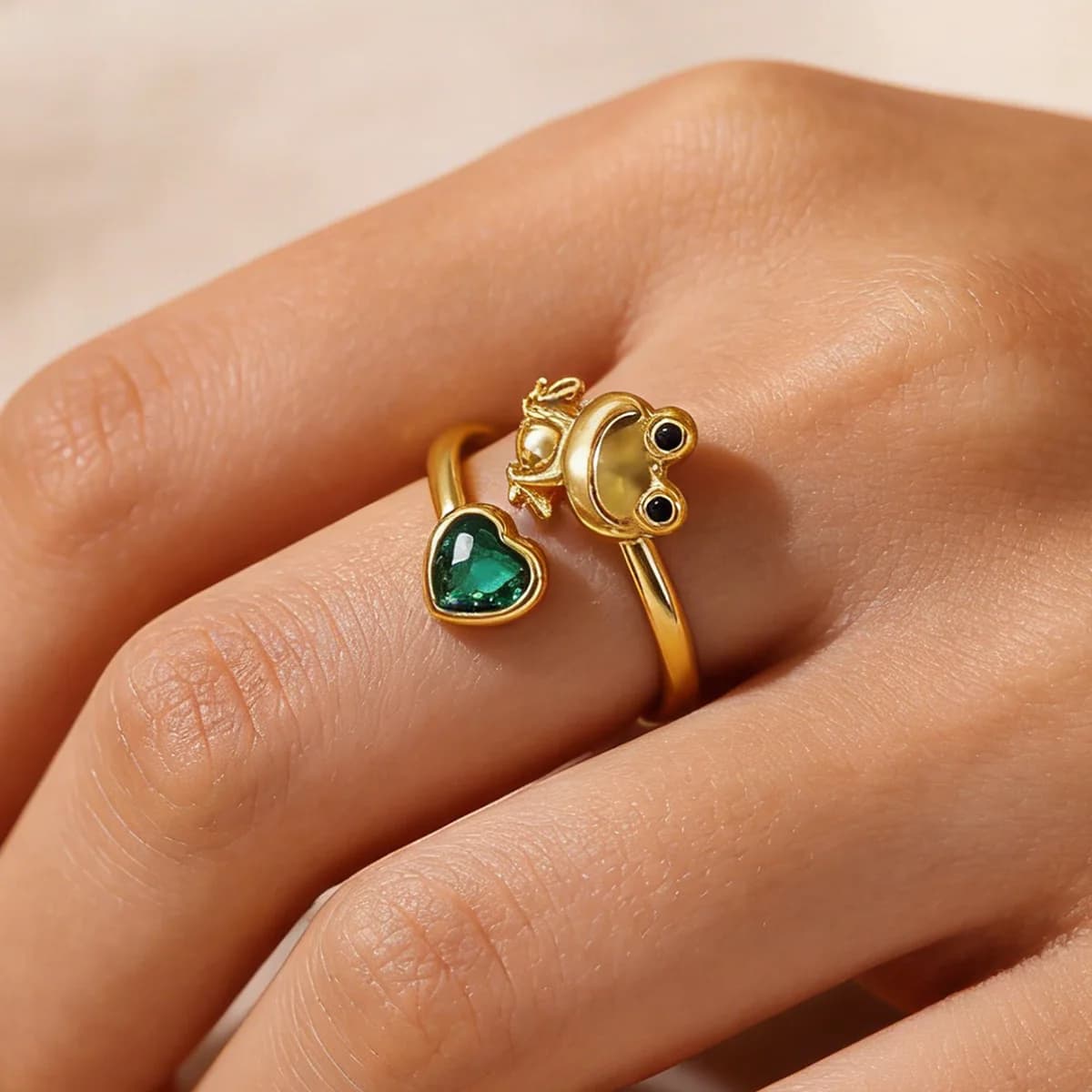 Anelli a Forma di Rana con Cuore Verde in Zirconia per Donne, Placcati in Oro 18K, Regolabili, Gioielli Estetici per Matrimoni e Regali di Moda