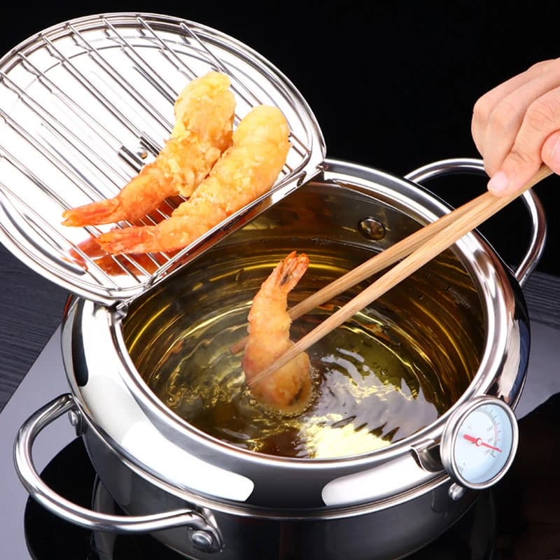 Japanese pot with thermometer and lid Fryer Stainless steel kitchen tempura 304 20/24 cm Induction heating Pa