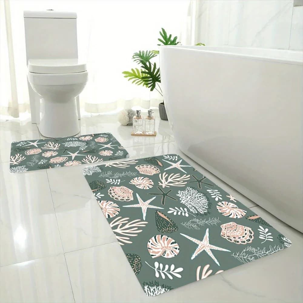 2pcs/ 3pcs/ Set Illustration of Green Marine Organisms Printed Bathroom Floor Mat Set, Home Decoration Area Carpet, Machine Wa