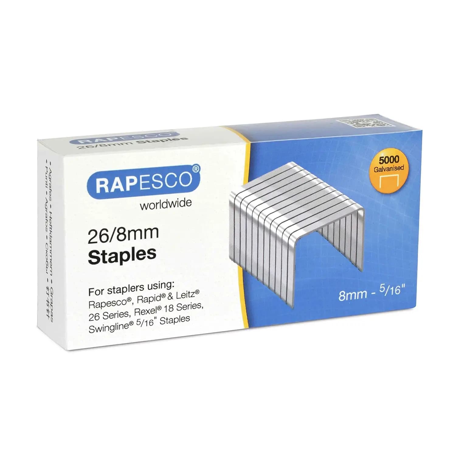 Staples 26/8 mm for Standard Staplers, Box of 5,000, Galvanized Steel, Chisel Point, Holds 50 Sheets