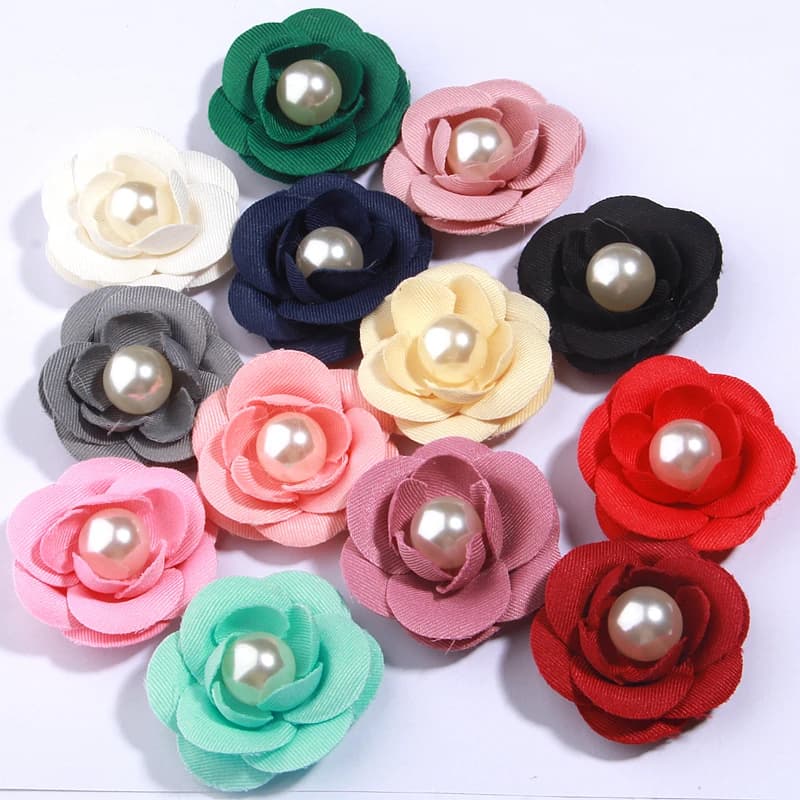 10Pcs 5cm Handmade Rose Fabric Artificial Flowers Pearl For Wedding Dress Clothing Hats Decoration Headdress Headband Flower