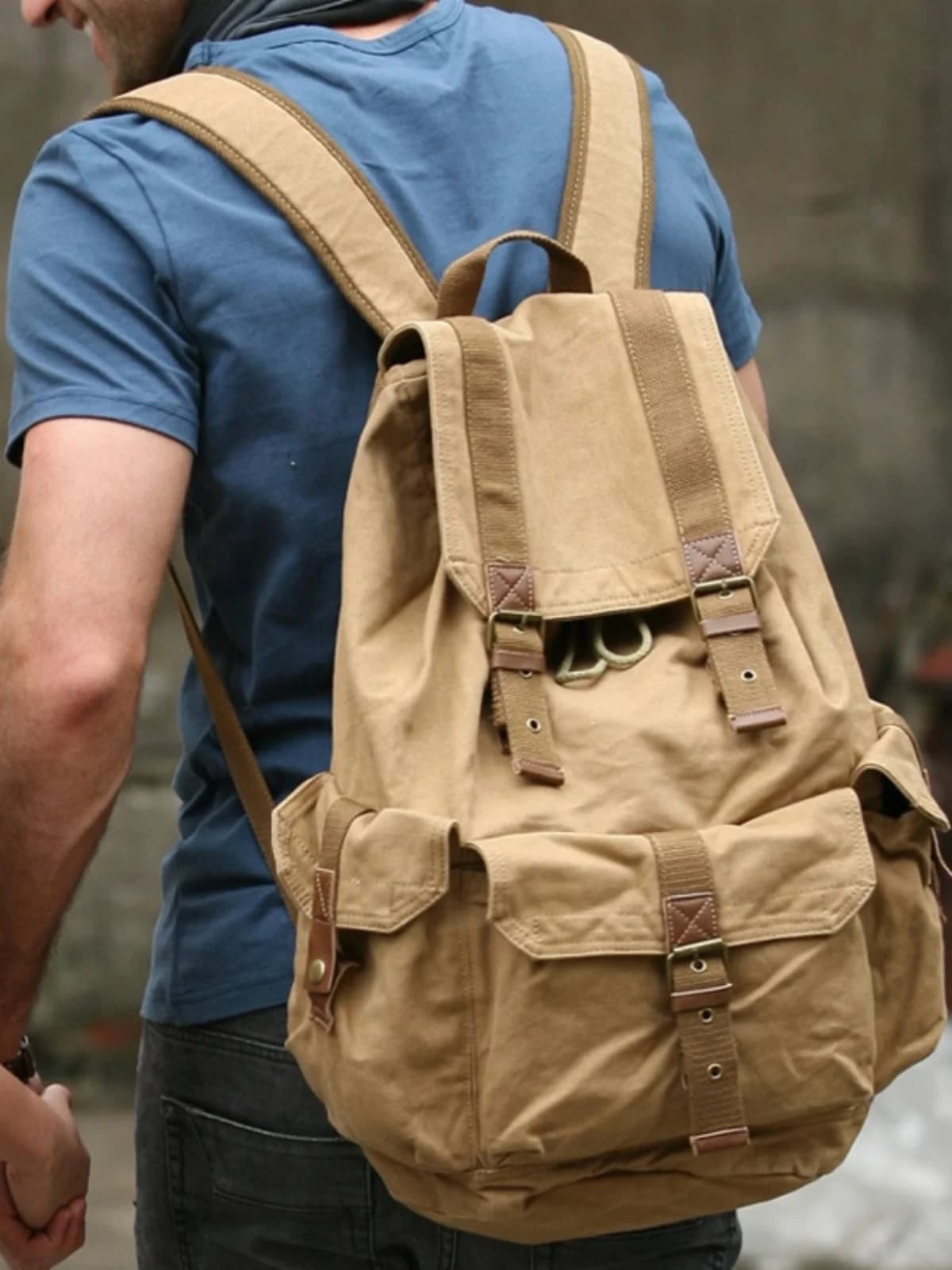 Large Capacity Pure Cotton Canvas Backpack Trendy Workwear Wear Resistant Outdoor Camping Travel Bag Rucksack Bookbag