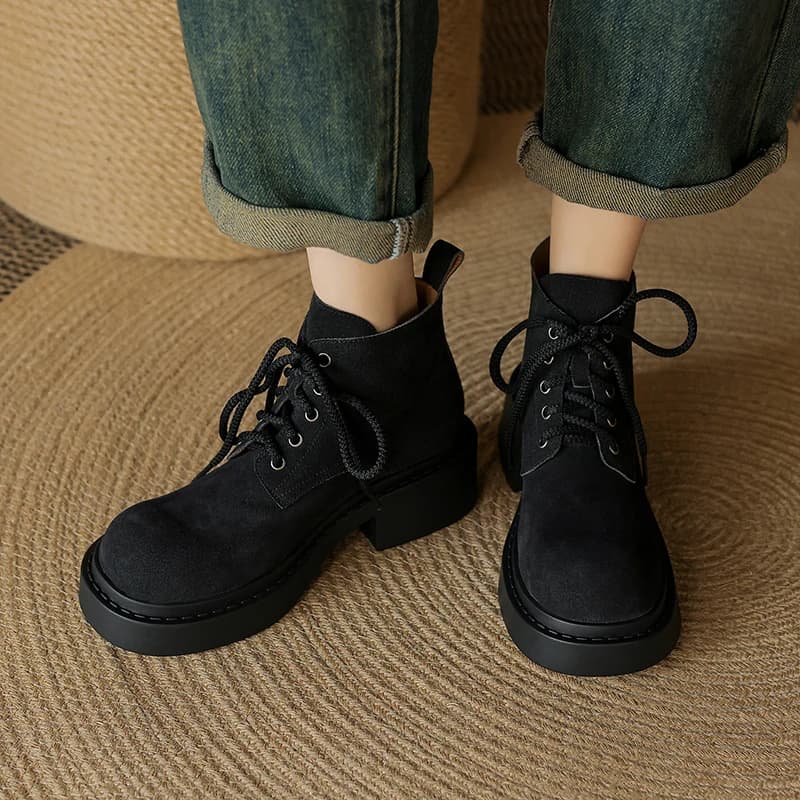 2026 new autumn winter natural leather women ankle boots 22-25cm cow suede upper round toe lace-up thick heel short boots