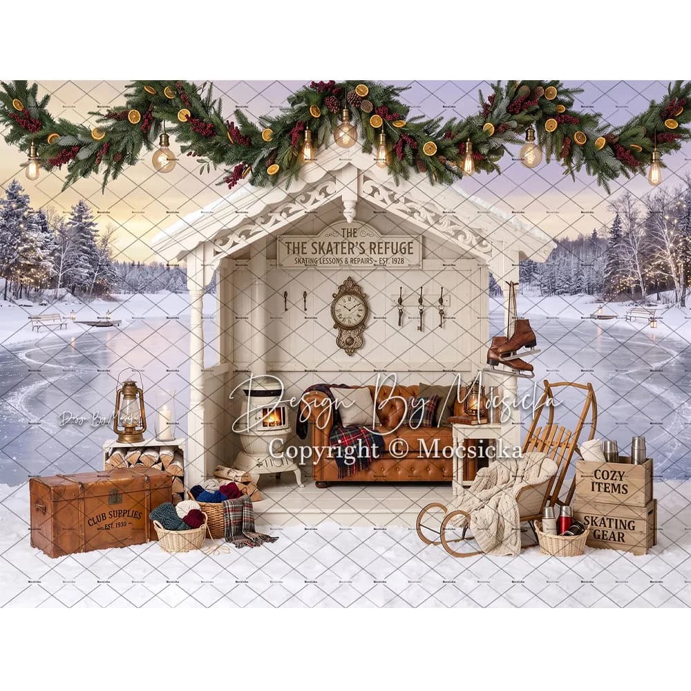 Mocsicka White Christmas Backdrop Photography Ice Skating Frozen Snow Garland Lantern Background Family Kids Holiday Xmas Photo