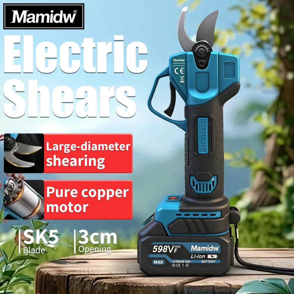 Forbici elettriche da giardino Mamidw con apertura da 3 cm, per la potatura esterna di rami alti di alberi da frutto, compatibili con batteria Makita 18V PIN
