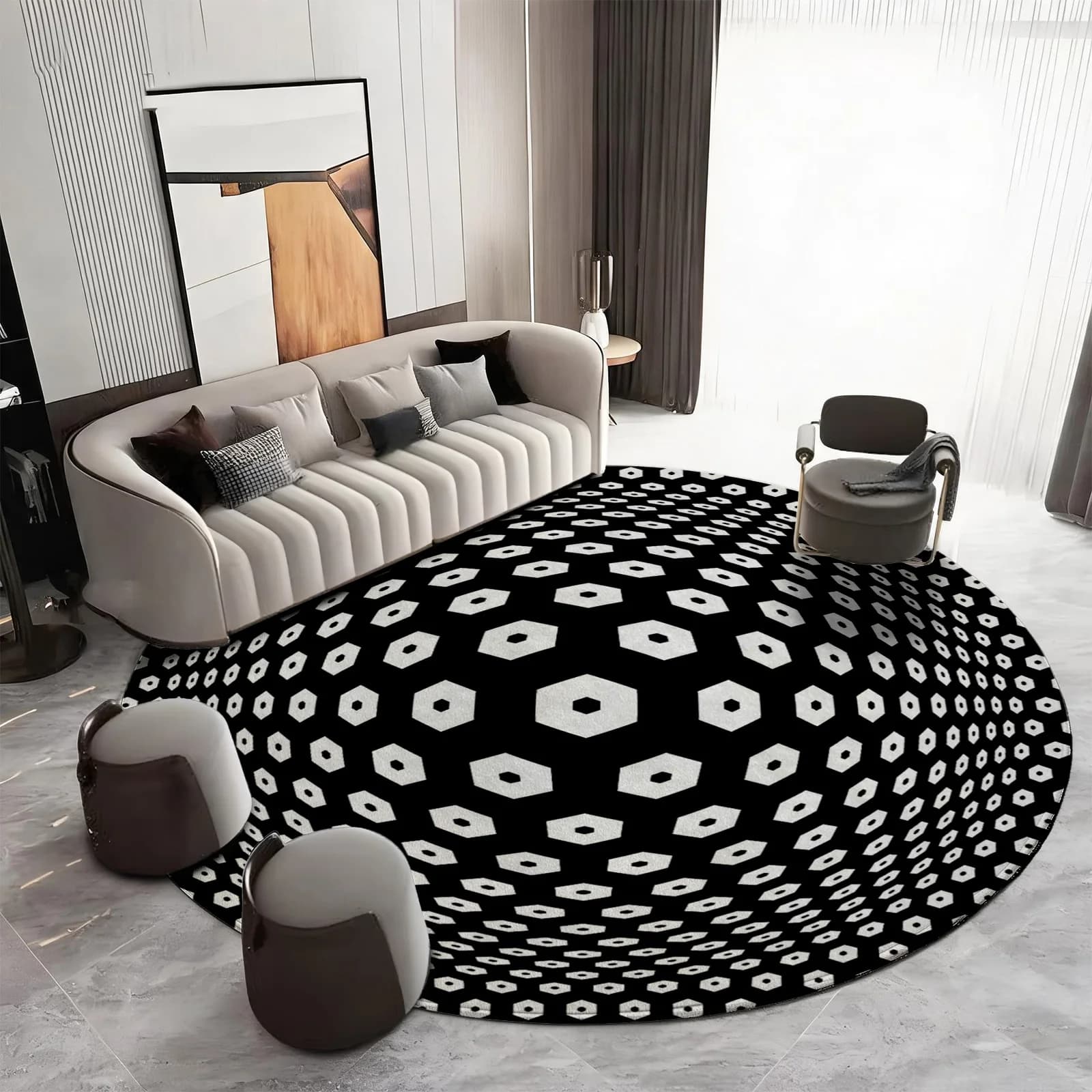 Modern Round Hexagon Pattern Area Rug Black and White Geometric Living Room Decor Accent Carpet Mat Luxury Floor
