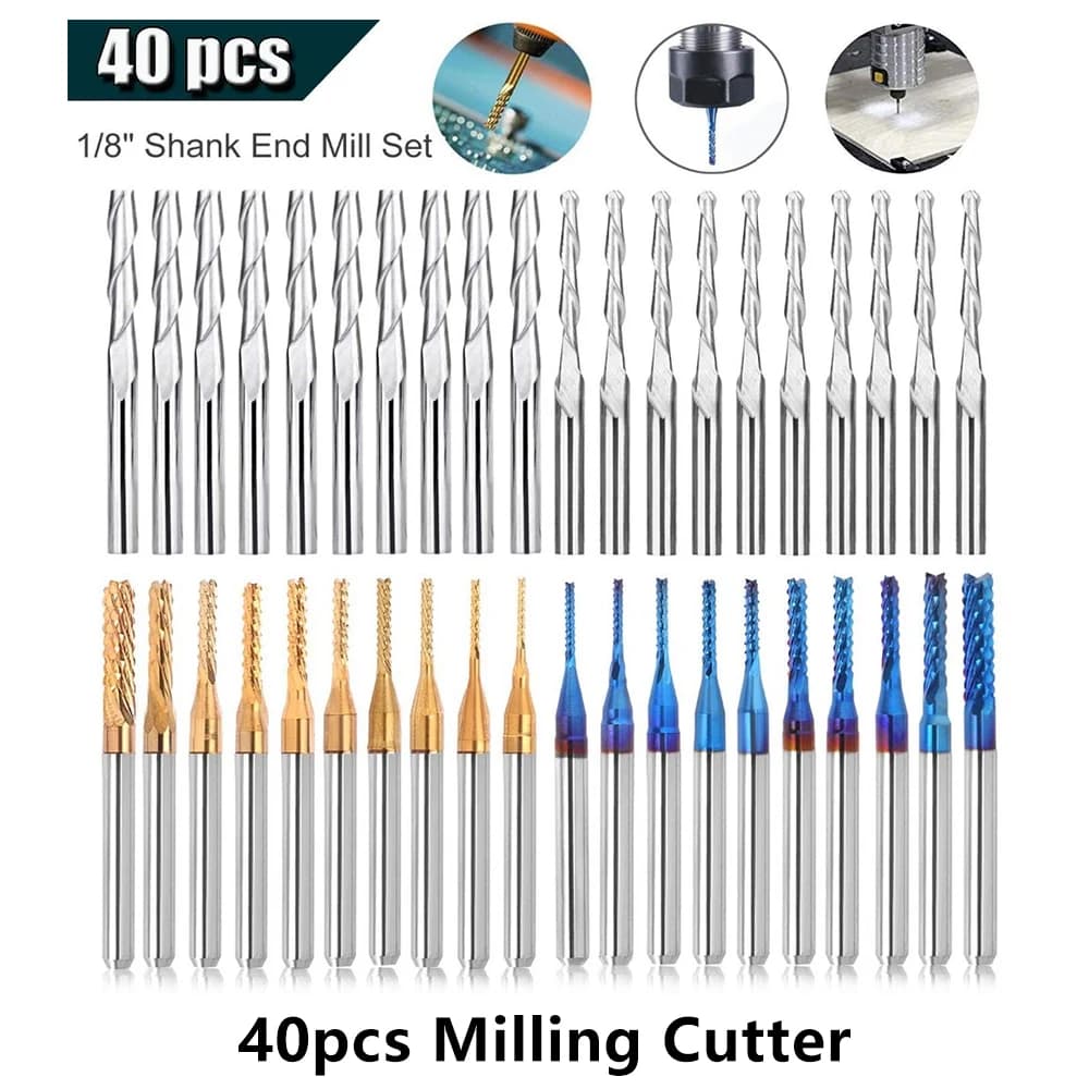 Twotrees Fresa per incisione Set di punte per router CNC con rivestimento blu nano Fresa da taglio Utensili per fresatura in metallo duro con gambo da 1/8 "
